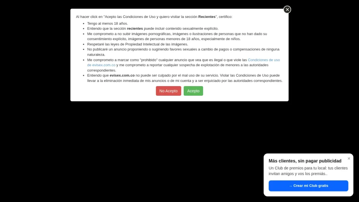 Captura de la página de inicio de Evisex CO