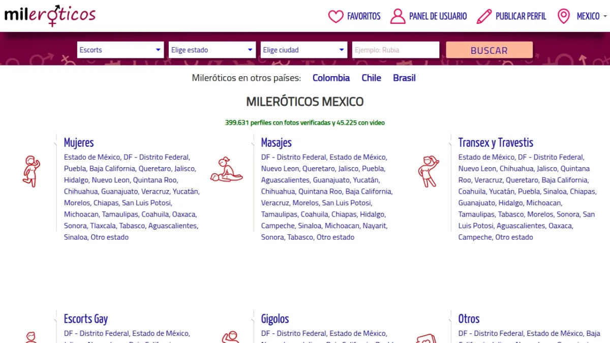 Captura de la página de inicio de Mileroticos MX