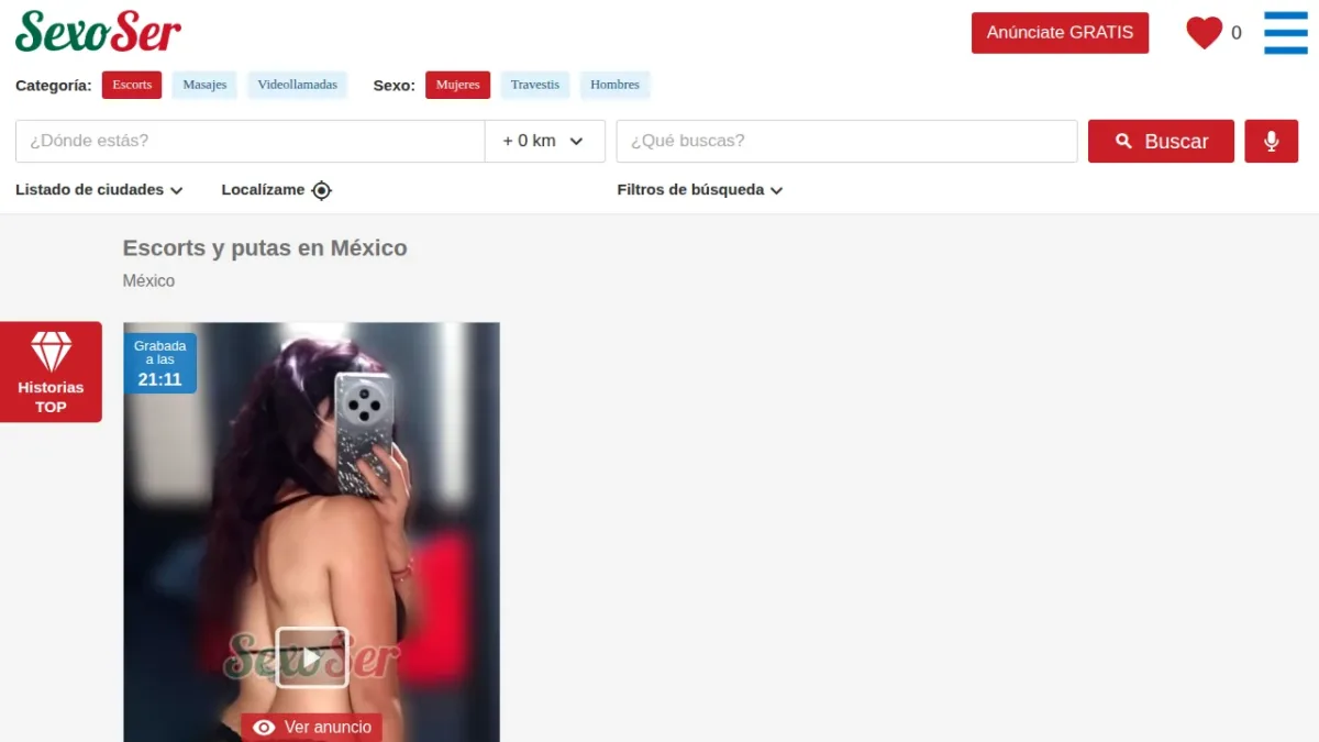 Captura de la página de inicio de SexoServidoras